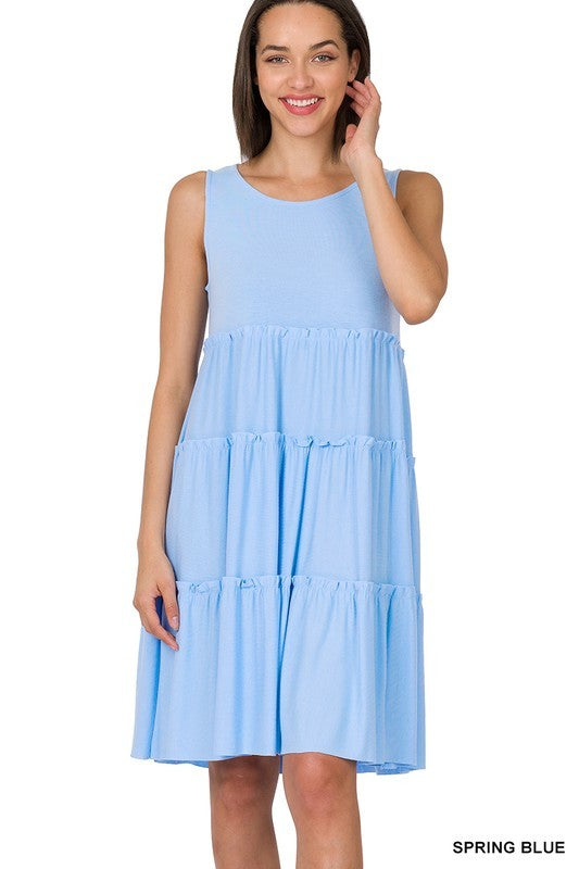 1466- Spring Blue Sleeveless Tier Tank Dress