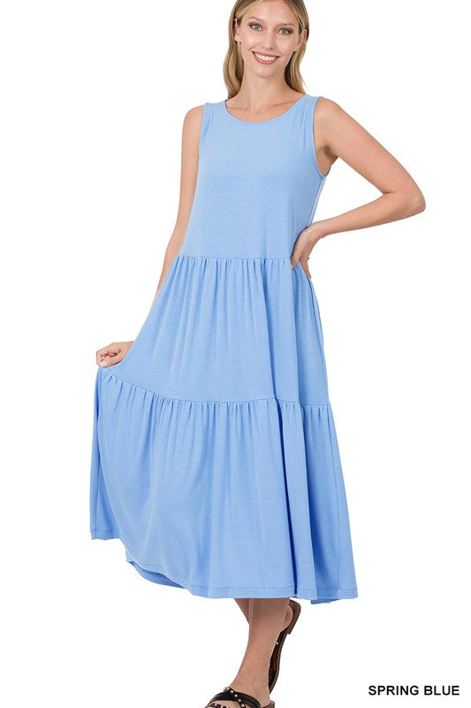 754- Spring Blue Tank Tier Mid Calf Dress