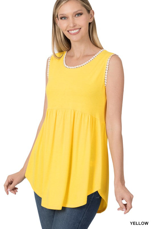 1457- Yellow Babydoll Tank Top w/ Pom Detail